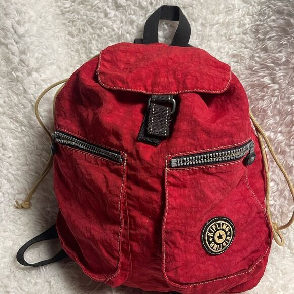 Kipling vintage 1990s red drawstring  Medium backpack nylon bag - Picture 2 of 11